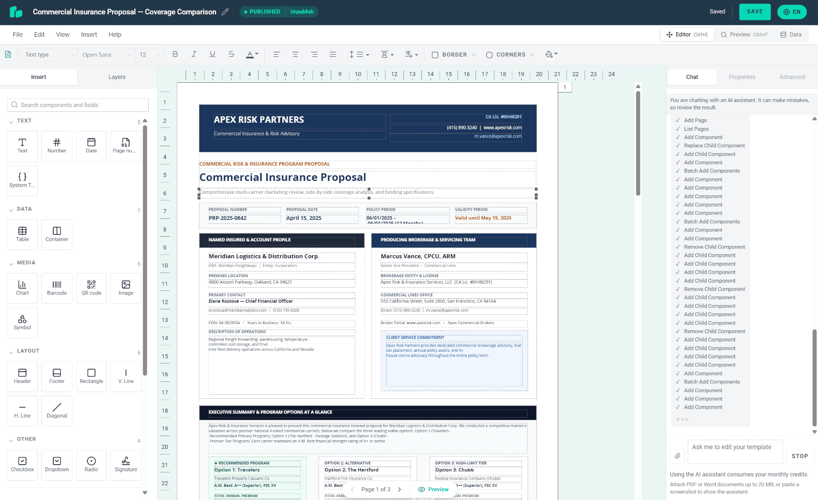 Commercial Insurance Proposal — Coverage Comparison