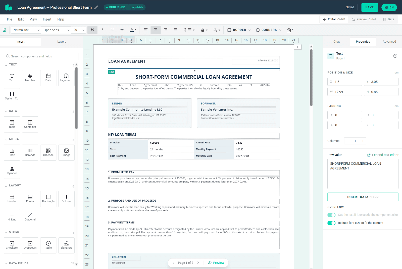 Loan agreement editor in PDF Generator API