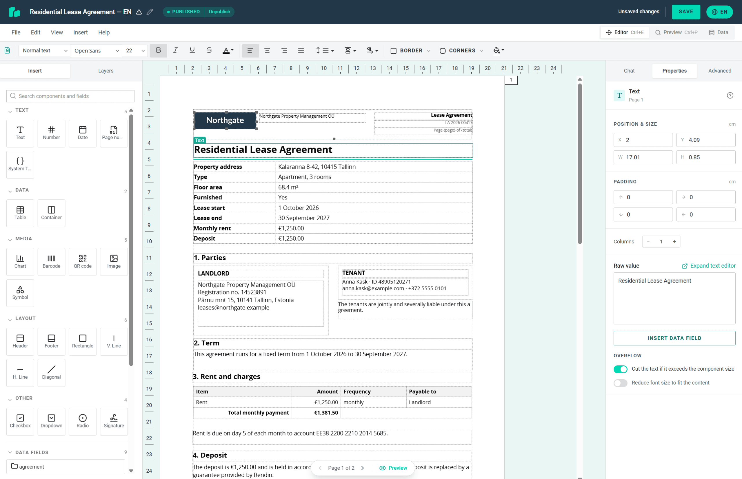 Residential Lease Agreement editor